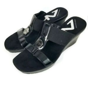 Anne Klein Black Stretch Strap Wedge Sandal 7.5